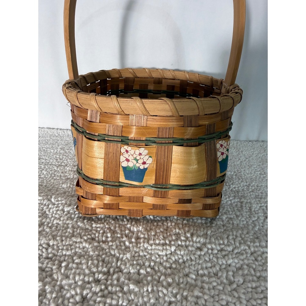 Vintage Hand‎ Painted Woven Wood Basket Country Garden Watering Can Decor